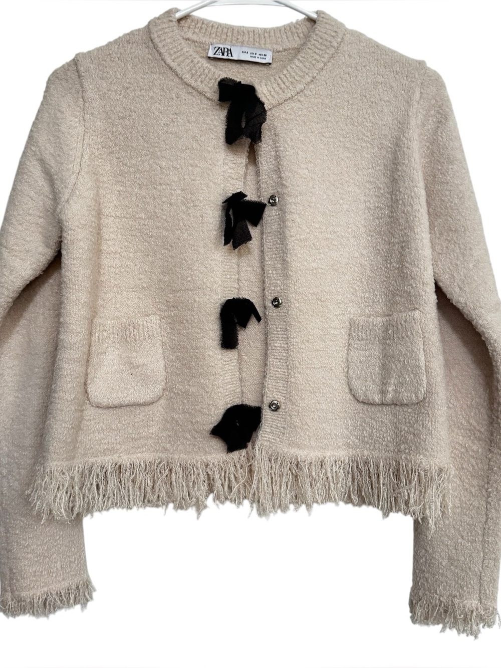 Zara Ecru Knit Bow Cardigan Size S Cream Fringe Soft Cozy Sweater